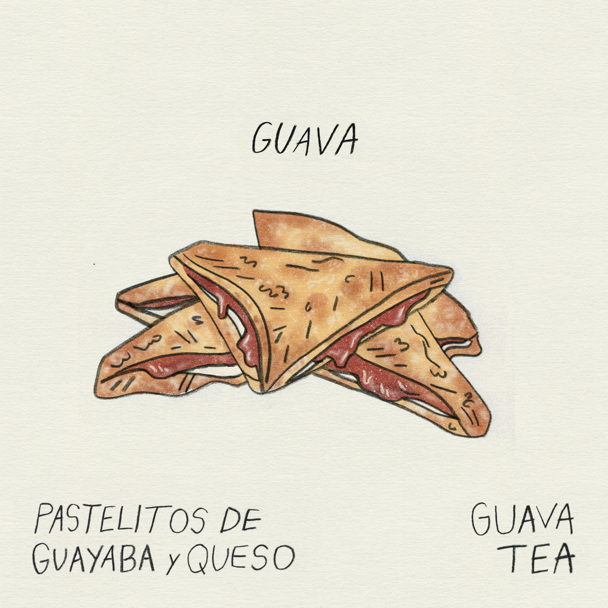 An illustration of a pile of triangle-shaped pastelitos stuffed with redish-pink guava. 