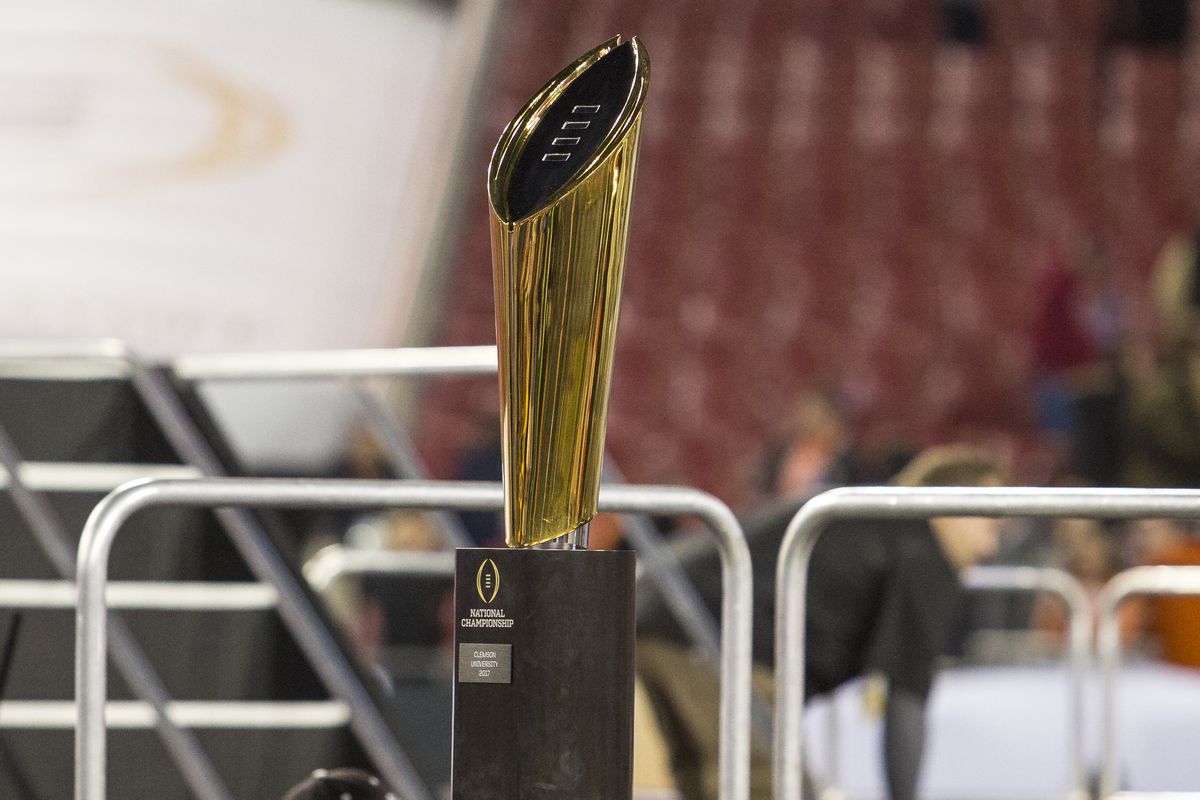 The College Football Playoff National Championship Trophy awaits its presentation after the College Football Playoff National Championship game between the Alabama Crimson Tide and the Clemson Tigers on January 9, 2017, at Raymond James Stadium in Tampa, FL.