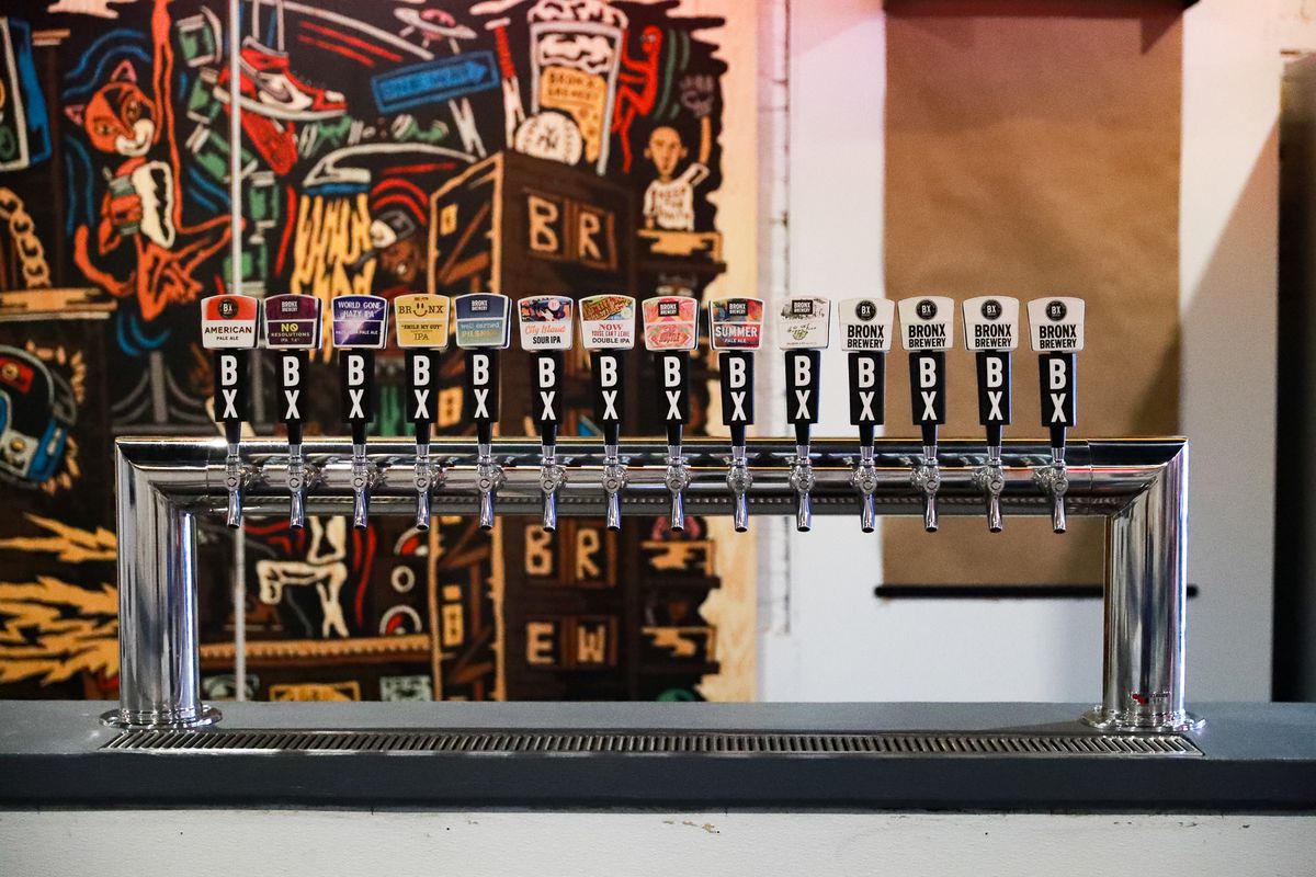 A line of beer taps inside of the the Bronx Brewery’s East Village taproom.