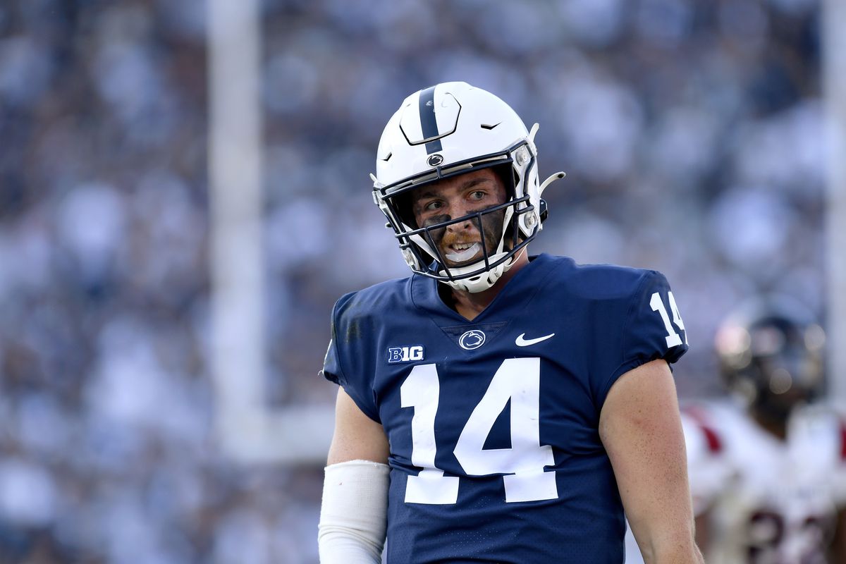 Penn State quarterback Sean Clifford celebrates after a long run for a first down during the Ball State Cardinals versus Penn State Nittany Lions game on September 11, 2021 at Beaver Stadium in University Park, PA.