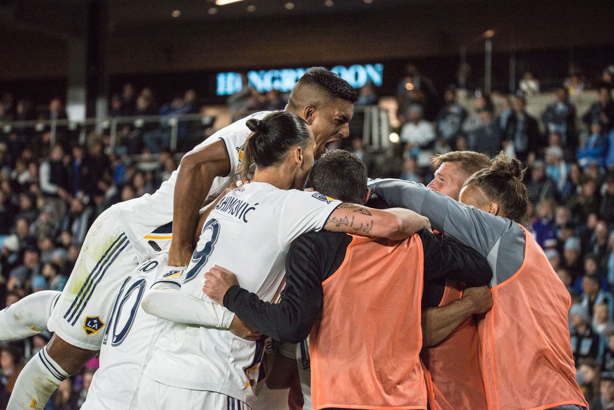 October 20, 2019 - Saint Paul, Minnesota, United States- Galaxy players celebrate a goal during an Audi MLS Cup Playoff match between Minnesota United and The Los Angeles Galaxy at Allianz Field (Photo: Tim C McLaughlin)