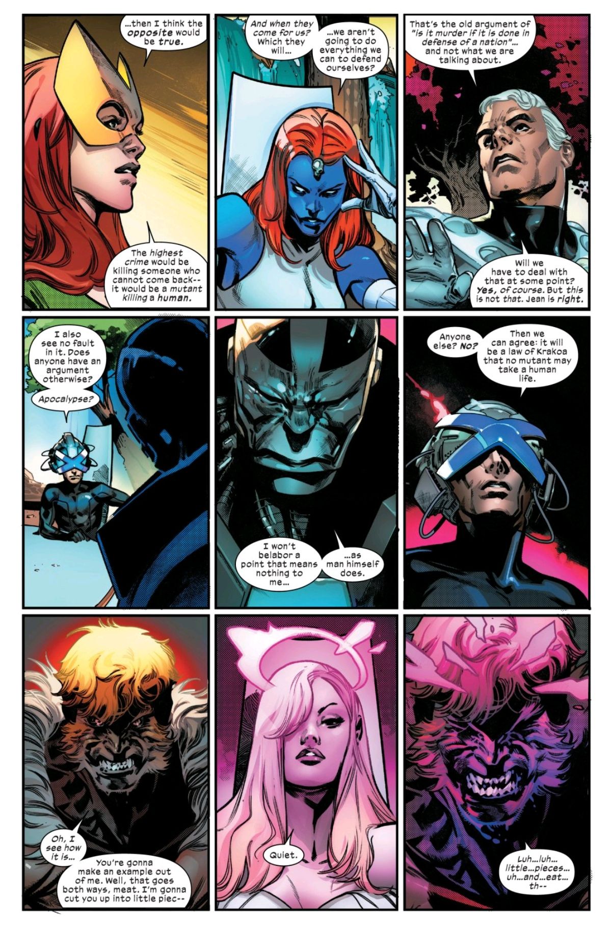The Quiet Council of Krakoa discusses the first law of Mutants: That no mutant should take a human life, in House of X #6, Marvel Comics (2019). 