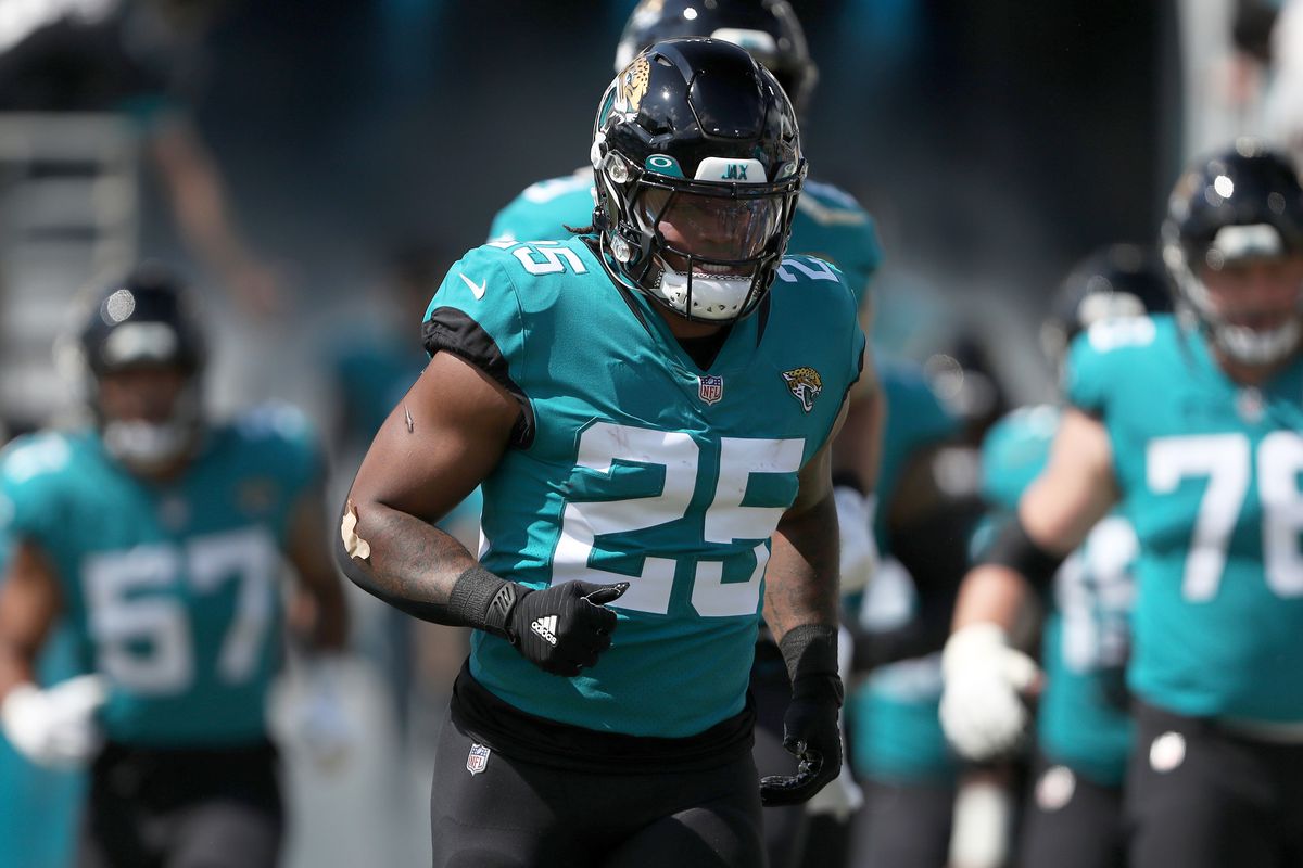 James Robinson #25 of the Jacksonville Jaguars enters the field before the game against the Houston Texans at TIAA Bank Field on October 09, 2022 in Jacksonville, Florida.