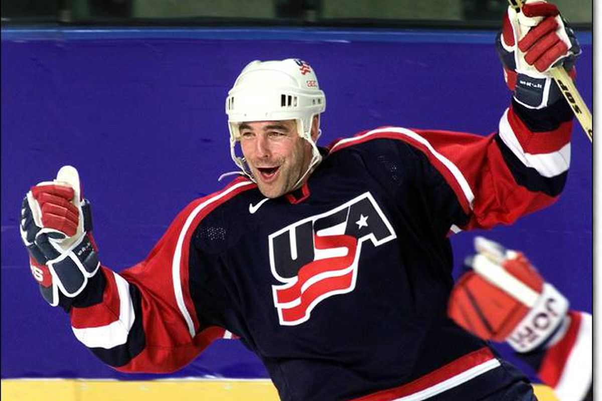 John LeClair at the 2002 Winter Olympics in Salt Lake City.  LeClair scored more goals (6) than any other player in Salt Lake City.