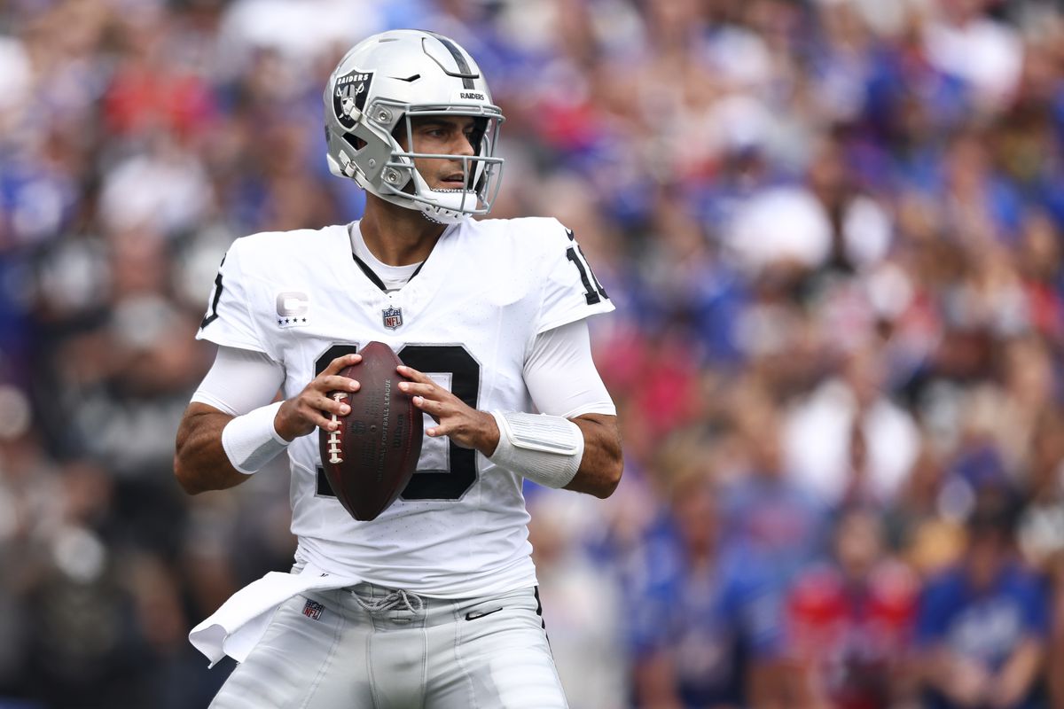 ORCHARD PARK, NY - SEPTEMBER 17: Jimmy Garoppolo #10 of the Las Vegas Raiders drops back to pass during the first quarter of an NFL football game against the Buffalo Bills at Highmark Stadium on September 17, 2023 in Orchard Park, New York.  &nbsp;   