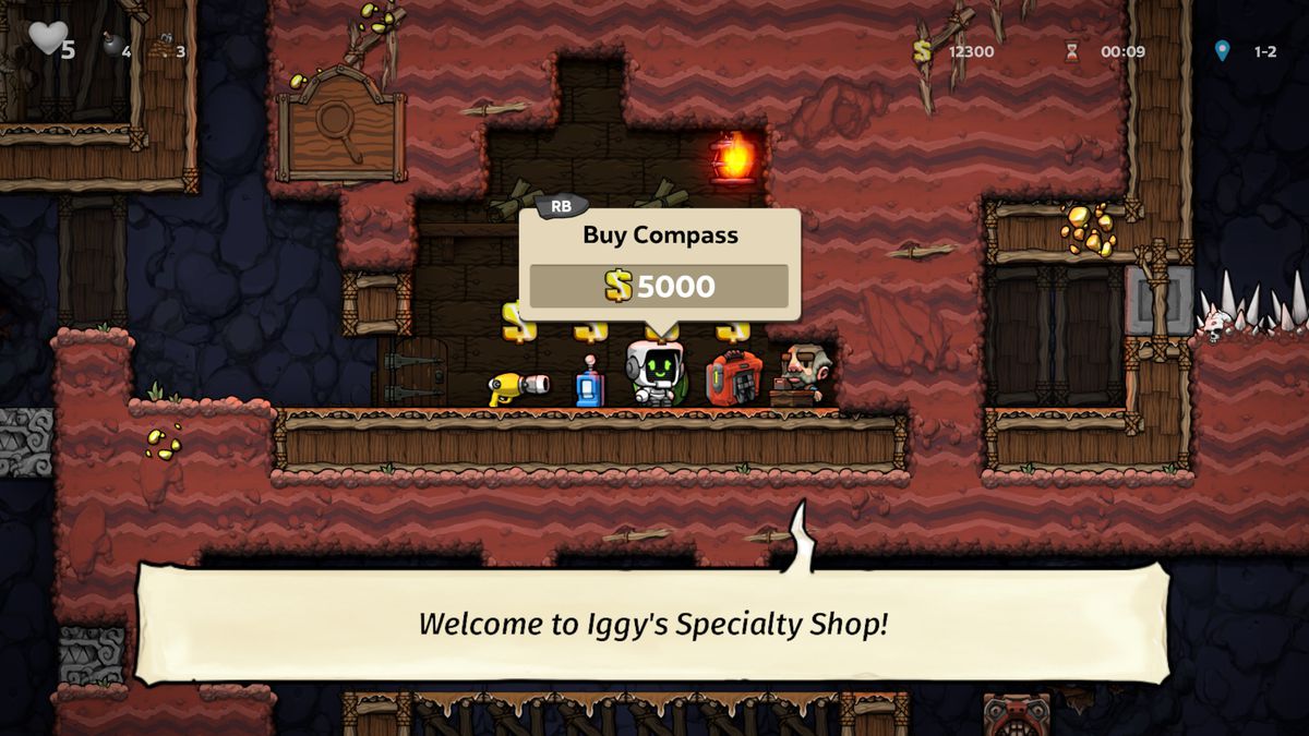 In Spelunky 2, our hero considers buying a compass.