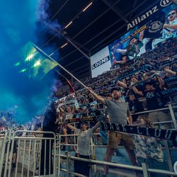 July 10, 2019 - Saint Paul, Minnesota, United States - Fans celebrate during the quarterfinal match of US Open Cup between Minnesota United and New Mexico United at Allianz Field. (Tim C McLaughlin)