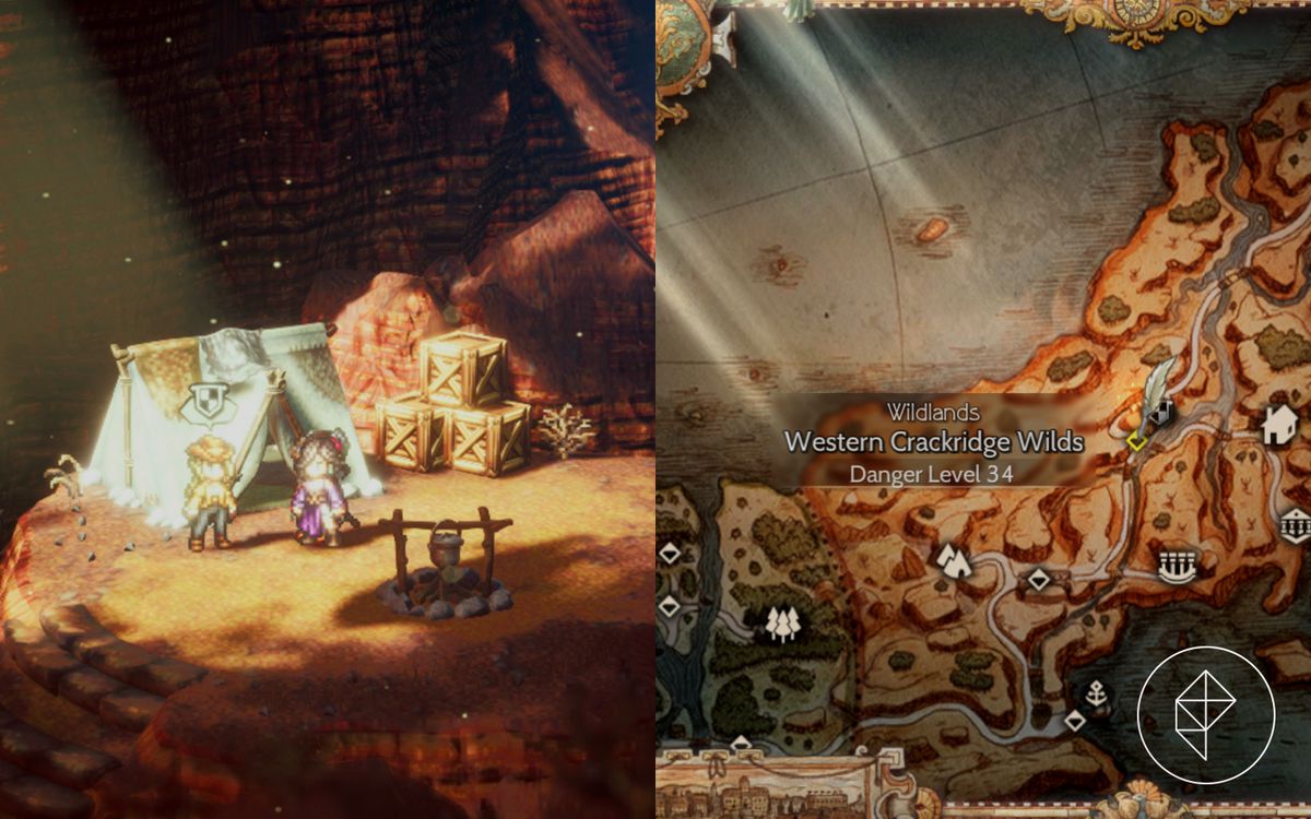 Throné from Octopath Traveler 2 stands in front of the merchant guild leader in front of a tent