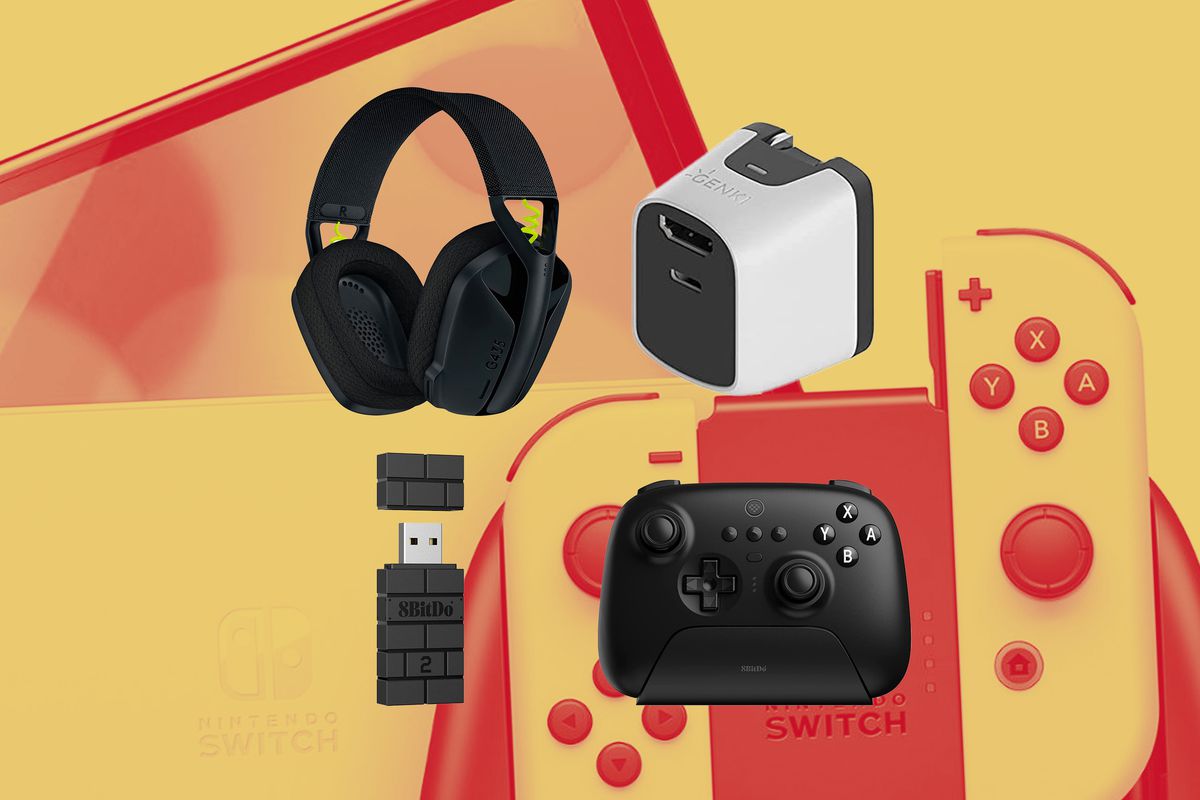 Logitech’s G435 headset, the 8Bitdo USB Adapter 2, 8Bitdo’s Ultimate Bluetooth Controller, and Genki’s Covert Dock Mini sit together in an illustration. In the background, there are a mix of Joy-Cons and a Nintendo Switch console.