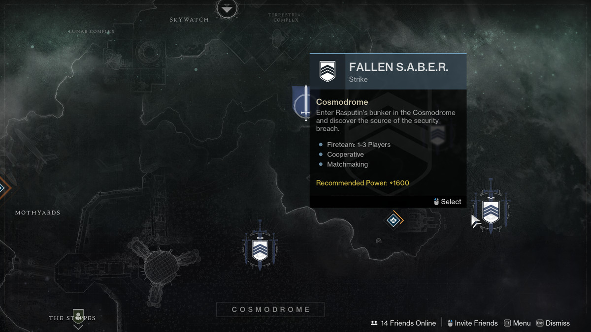 A map showing the Fallen SABER Strike in Destiny 2