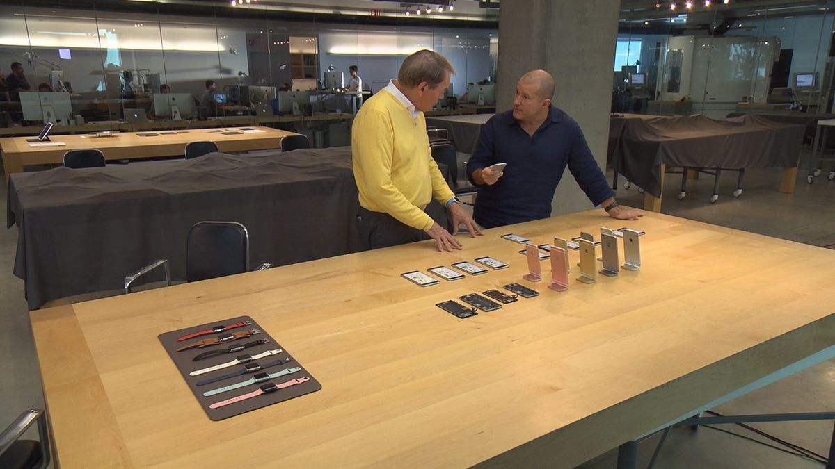  Interviewer Charlie Rose, at left, talks with Apple design guru Jony Ive inside the secret design studio.