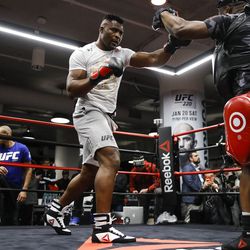 Francis Ngannou throws a left at UFC 220 workouts.
