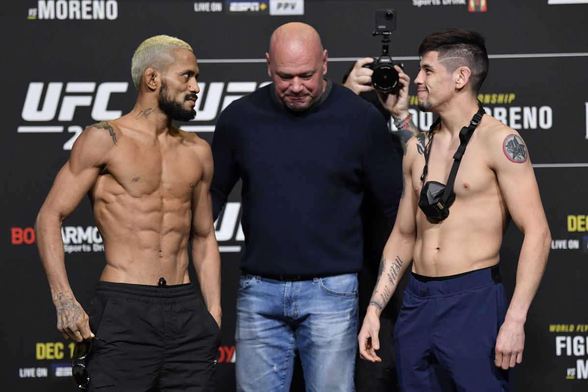 Deiveson Figueiredo of Brazil and Brandon Moreno of Mexico face off during the UFC 256 weigh-in at UFC APEX on December 11, 2020 in Las Vegas, Nevada.