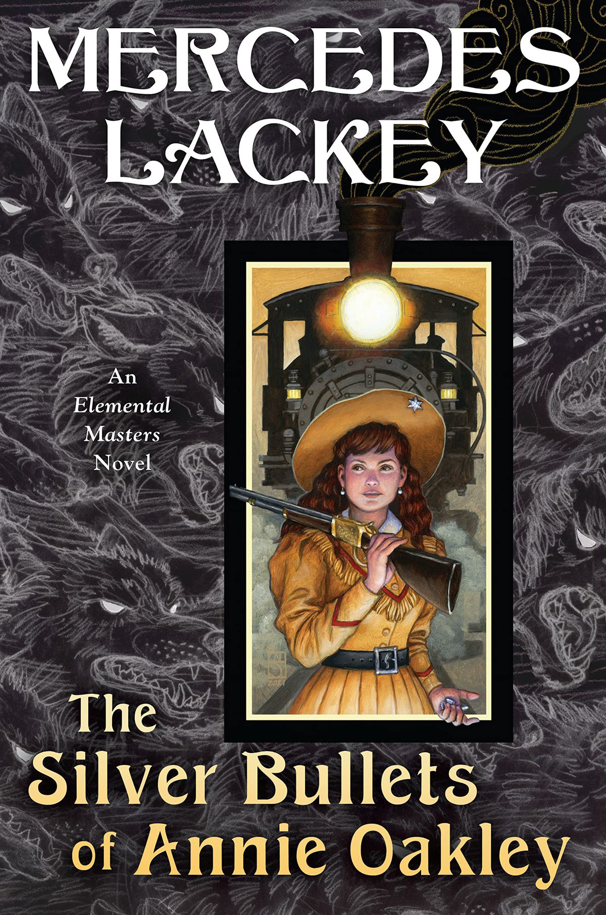 The cover for The Silver Bullets of Annie Oakley showing a woman in front of a train, and a black backdrop with white sketching on it