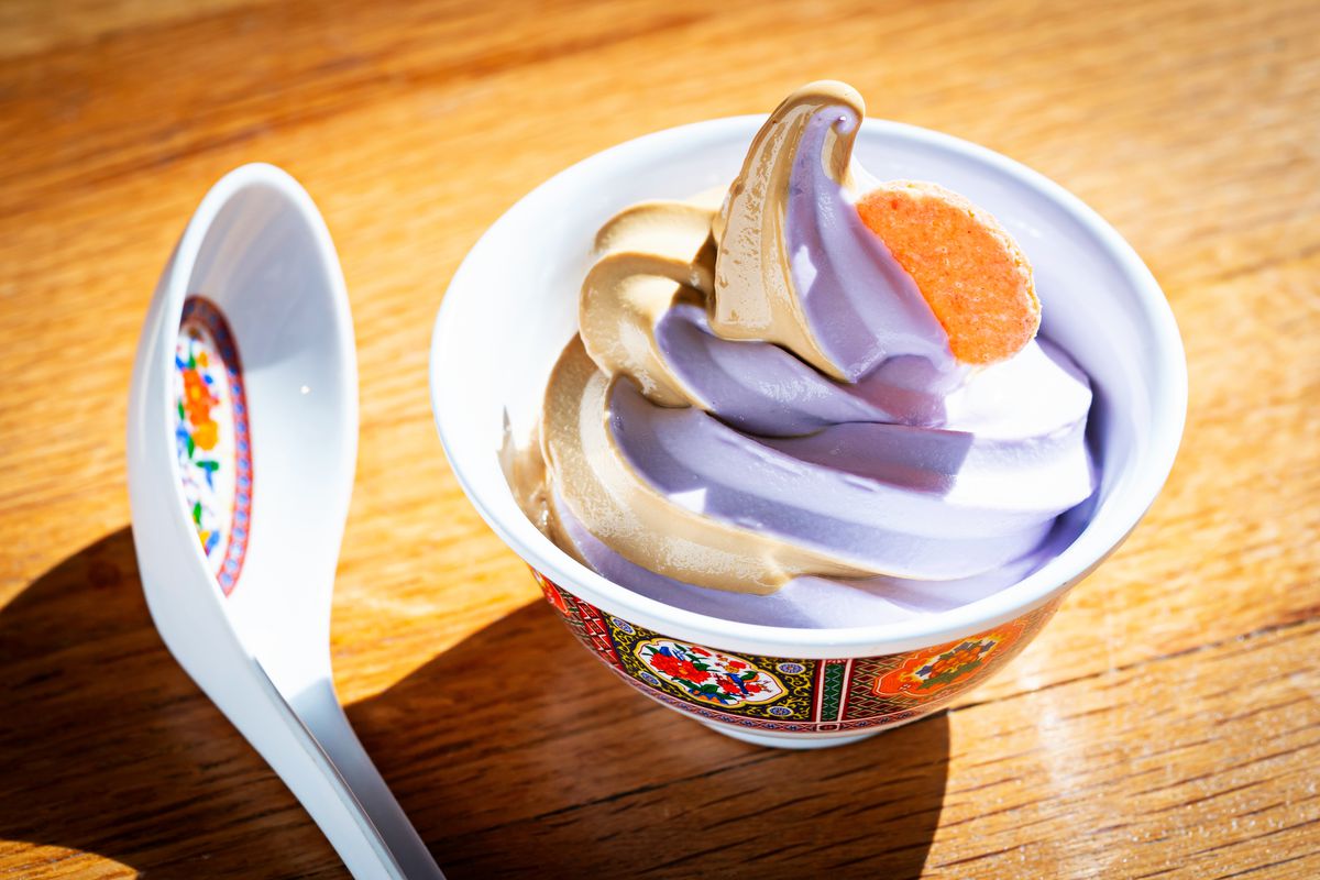 A swirl of taro and milk tea soft serve from Hei Hei Tiger