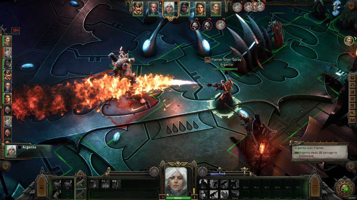 A Sister of Battle unleashes a gout of fire from her flamer in Warhammer 40,000: Rogue Trader