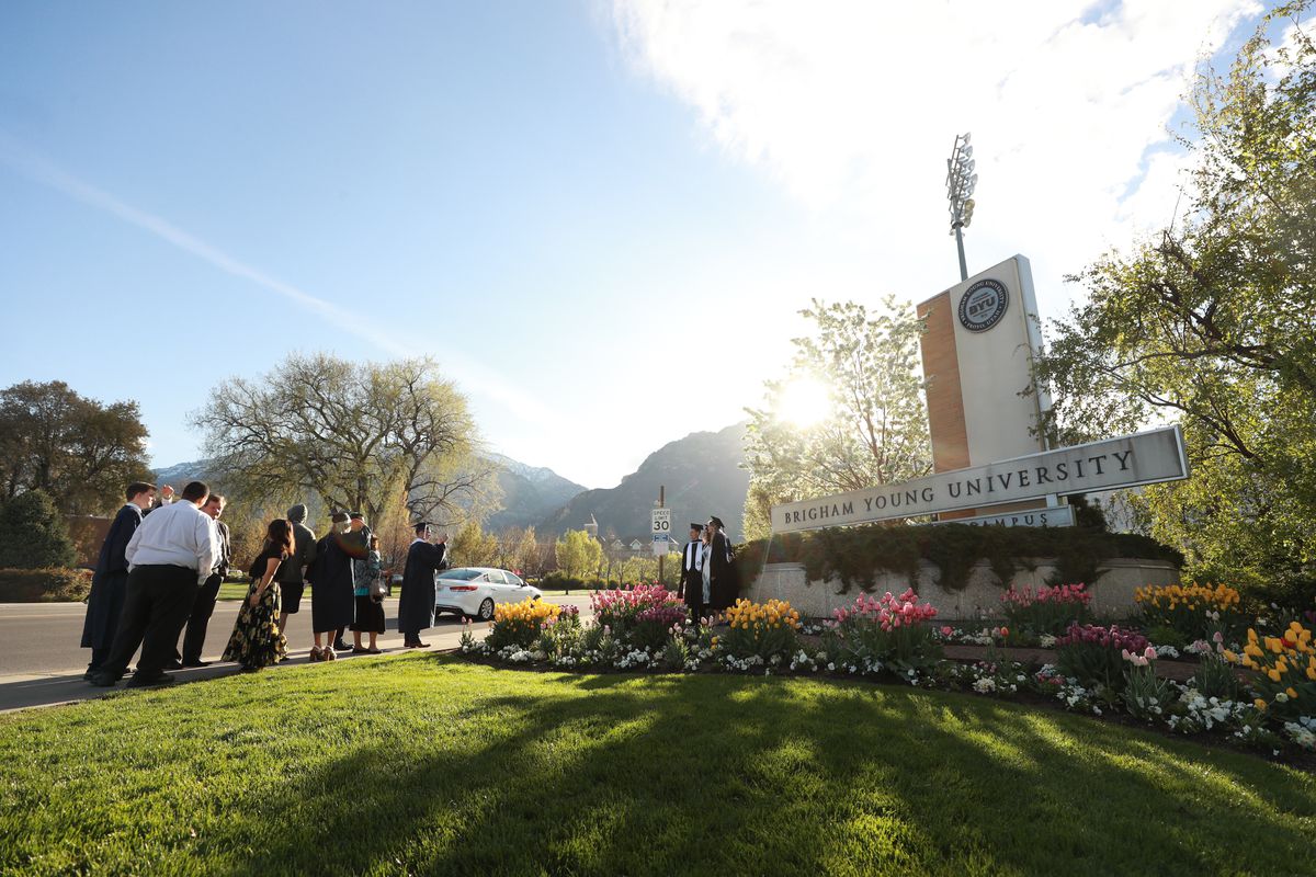 Graduates, family and friends gather on campus prior to the April 25, 2019, commencement exercises at Brigham Young University.