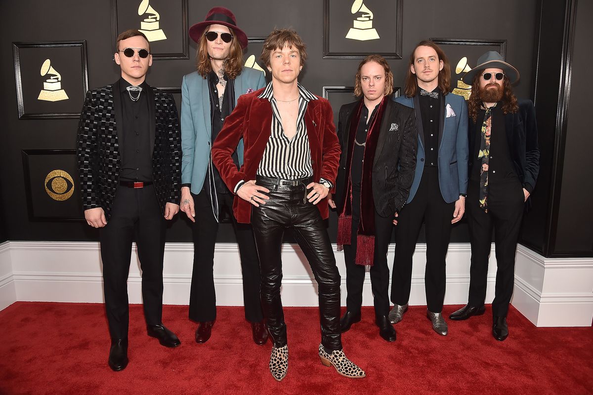 Brad Shultz, Daniel Tichenor, Matthew Shultz, Jared Champion, Nick Bockrath and Matthan Minster of Cage The Elephant attend The 59th GRAMMY Awards at STAPLES Center on February 12, 2017 in Los Angeles, California.
