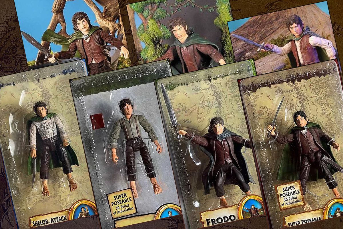 Graphic featuring seven different Frodo action figures from the Lord of the Rings movies