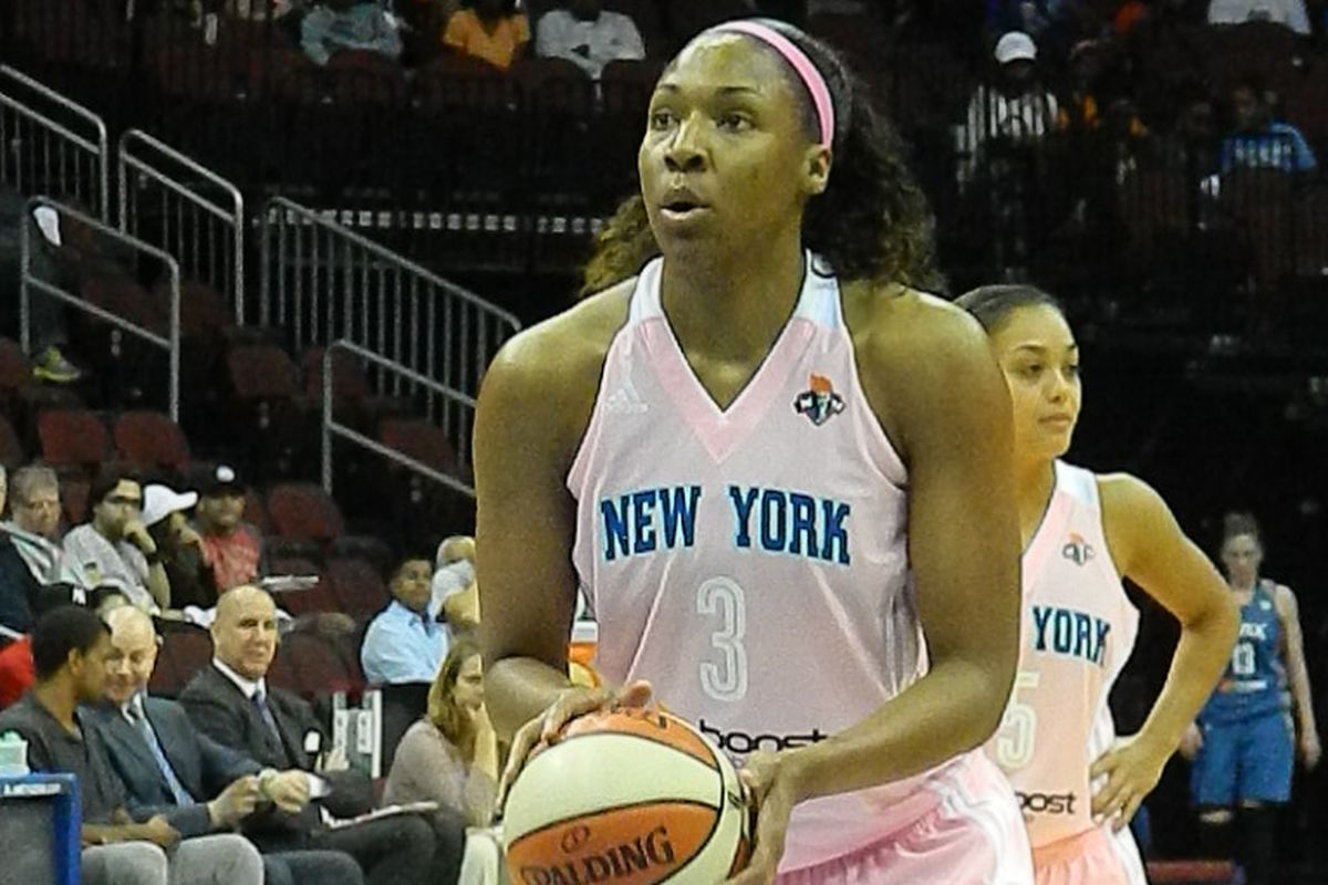 New York Liberty rookie Kelsey Bone showing concentration at the free throw line. 