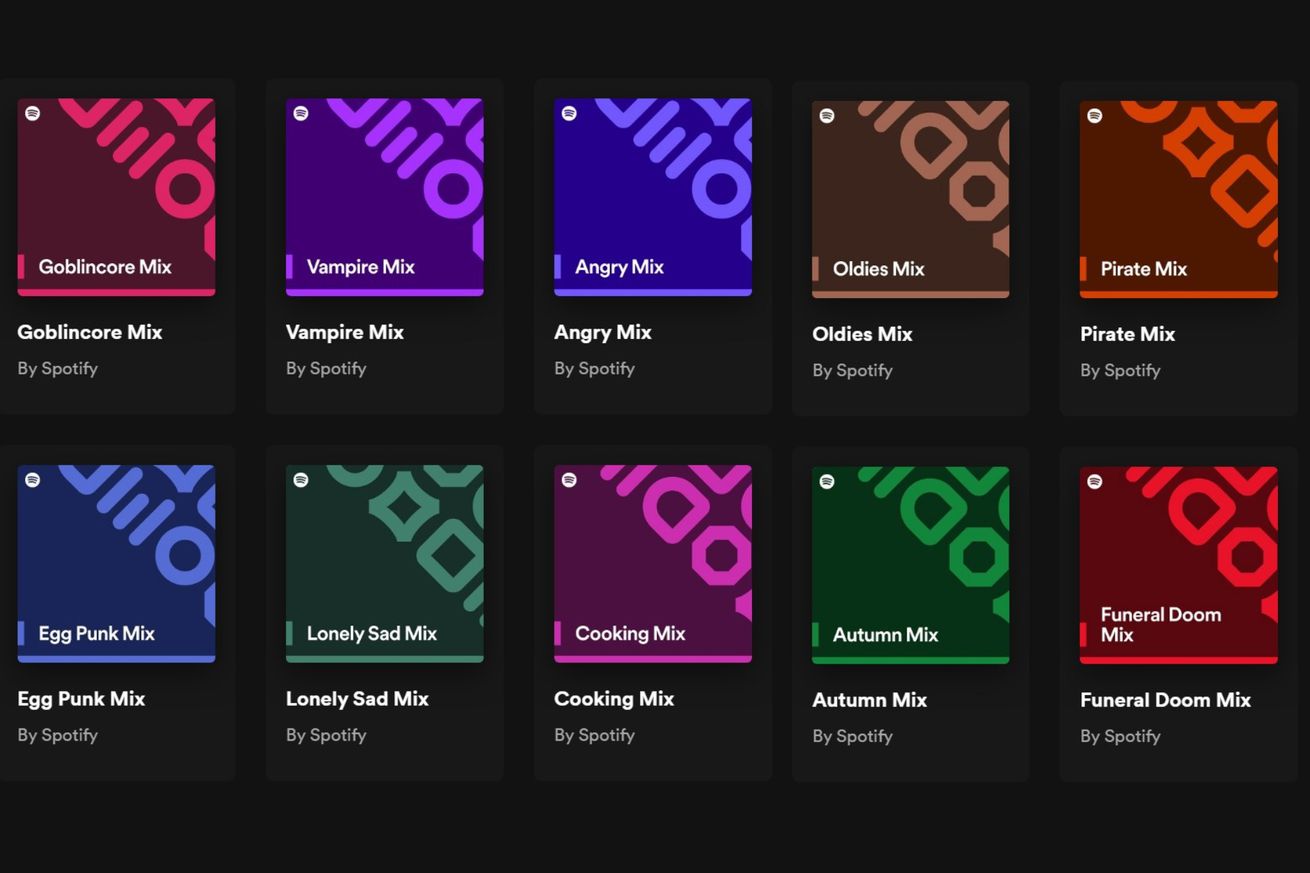 A screenshot taken from Spotify displaying its Spotify Mixes playlists.