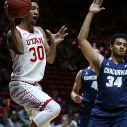 Utah Utes guard Gabe Bealer (30) passes during a game against Concordia at the Hunstman Center in Salt Lake City on Tuesday, Nov. 15, 2016.