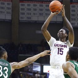 The Manhattan Jaspers take on the UConn Huskies in a men’s college basketball game at Gampel Pavilion in Storrs, CT on December 15, 2018