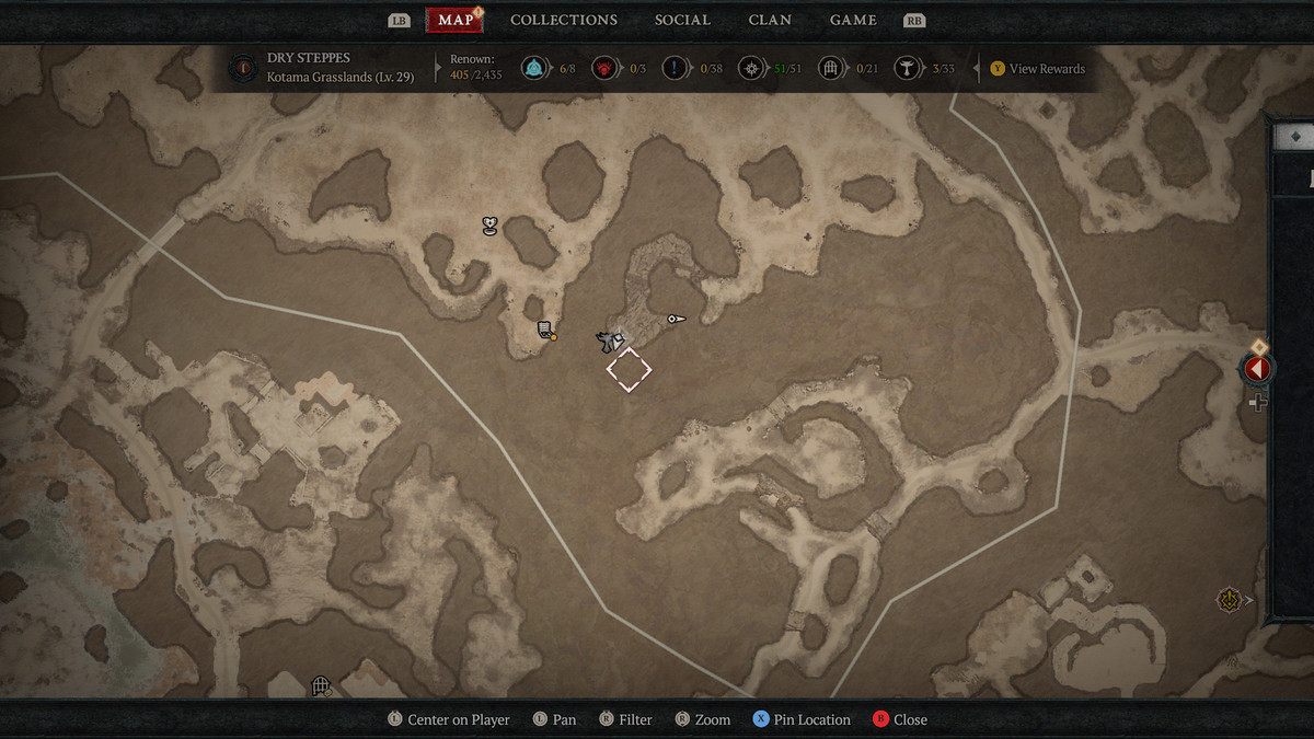 A map of the Dry Steppes in Sanctuary showing the 3rd Altar of Lilith in Diablo 4