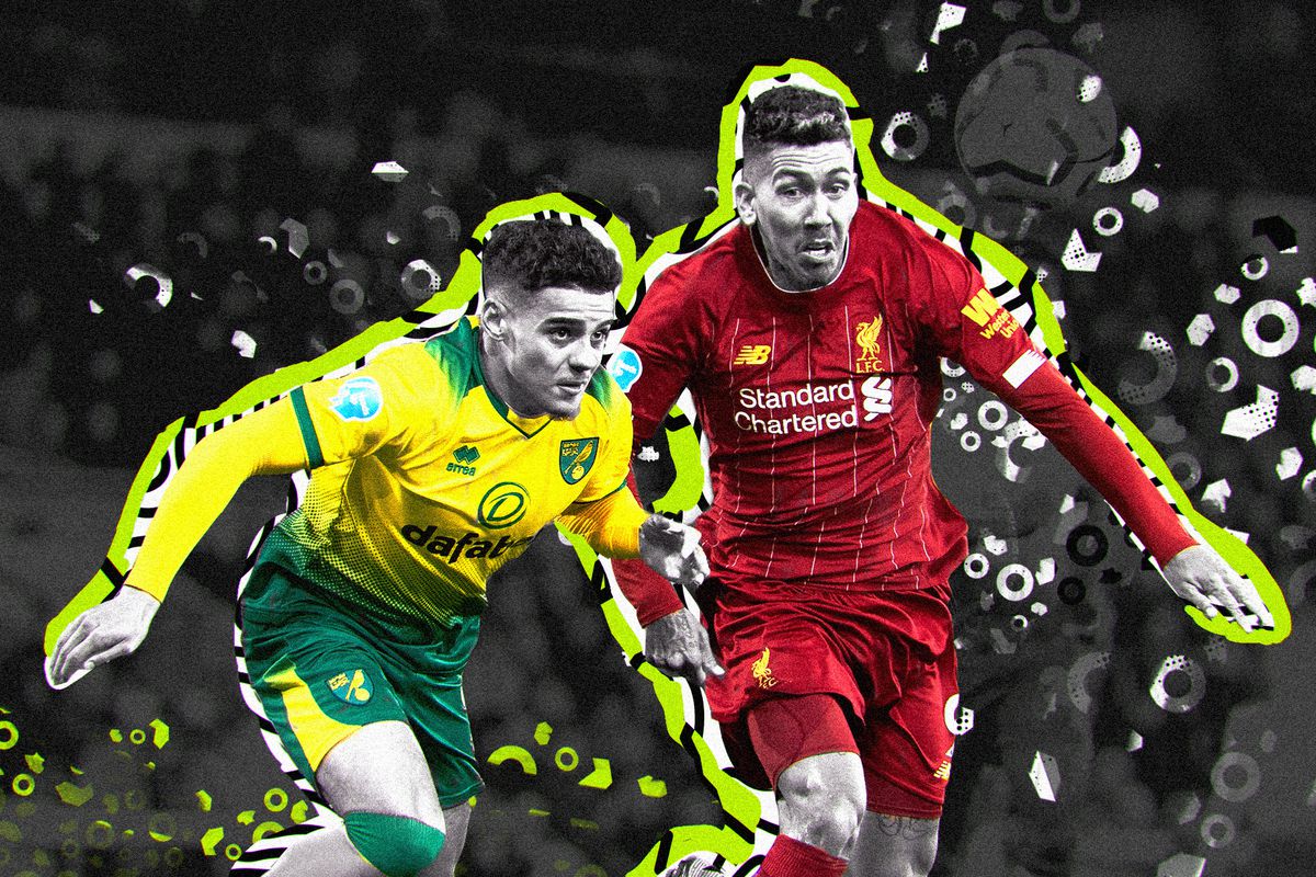 Roberto Firmino edging out a Norwich City defender for a ball. Their faces are in black and white while their kits are in color. The art style on the photo is pop/urban.