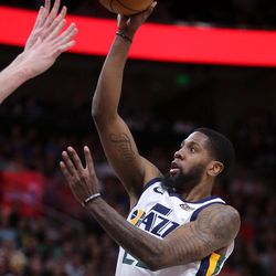 Utah Jazz forward Royce O'Neale (23) shoots during a basketball game against the San Antonio Spurs at the Vivint Smart Home Arena in Salt Lake City on Monday, Feb. 12, 2018. The Jazz won 101-99.