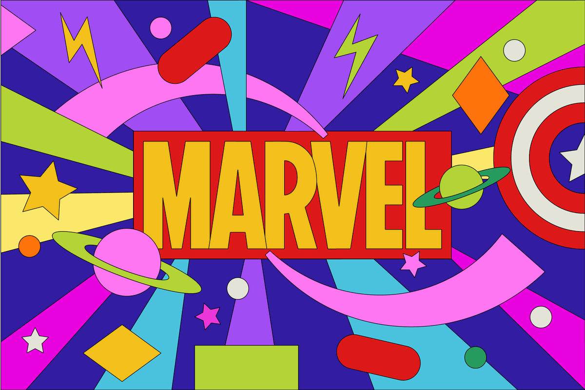 Colorful, graphic illustration of Marvel logo