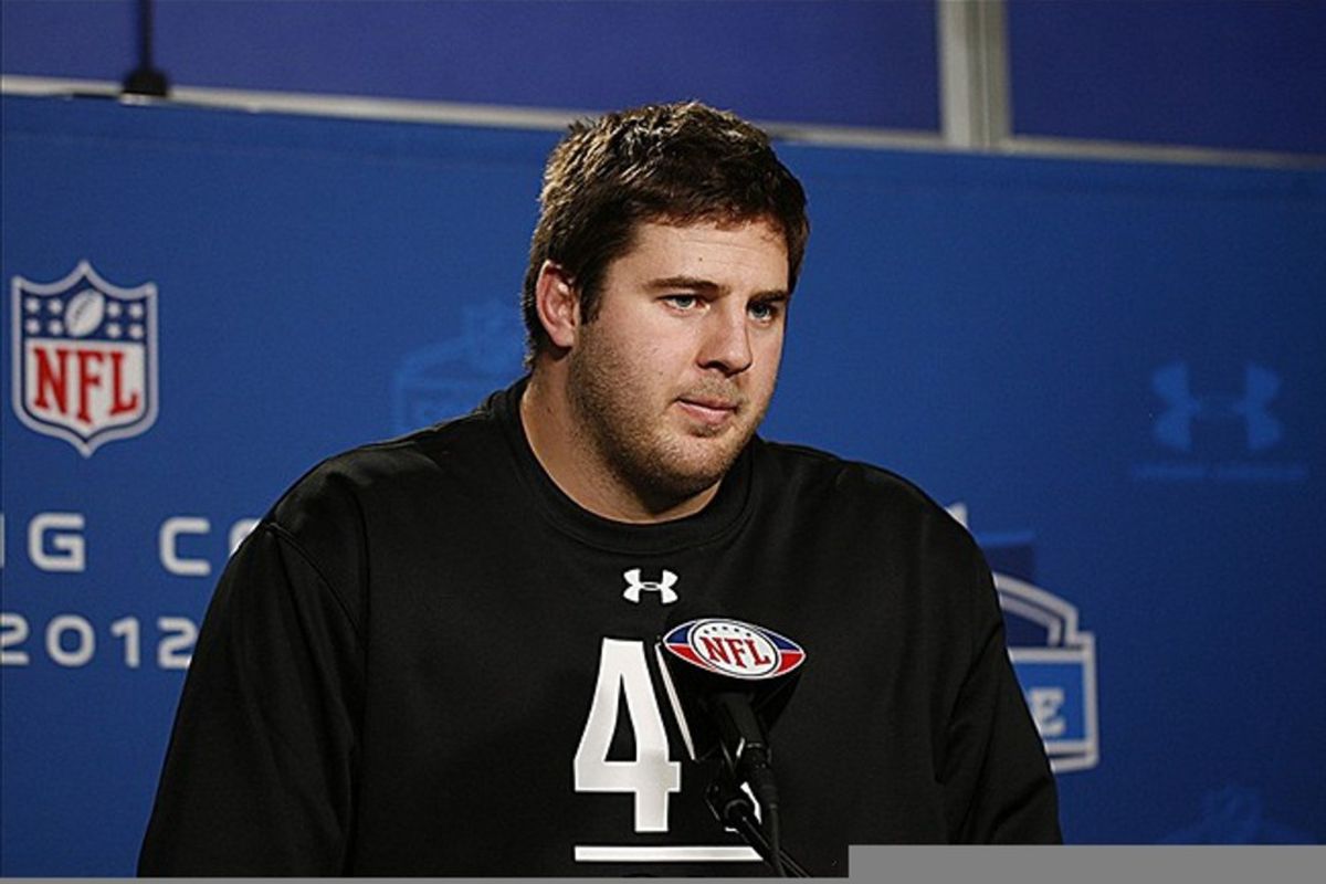 Feb 23, 2012; Indianapolis, IN, USA; Iowa Hawkeyes offensive lineman Riley Reiff speaks at a press conference during the NFL Combine at Lucas Oil Stadium. Mandatory Credit: Brian Spurlock-US PRESSWIRE