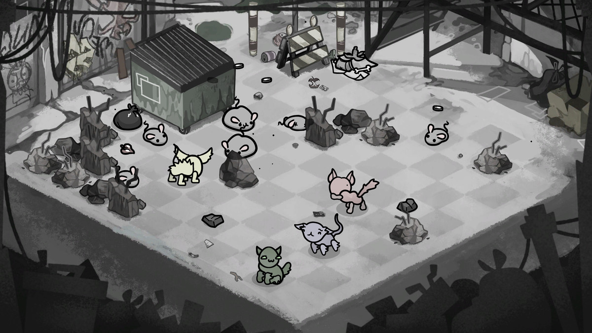 Cats are fighting mice in an isometric screenshot from Mewgenics. The scene is set in a junkyard and there is a grid indicating where the cats and mice can move.