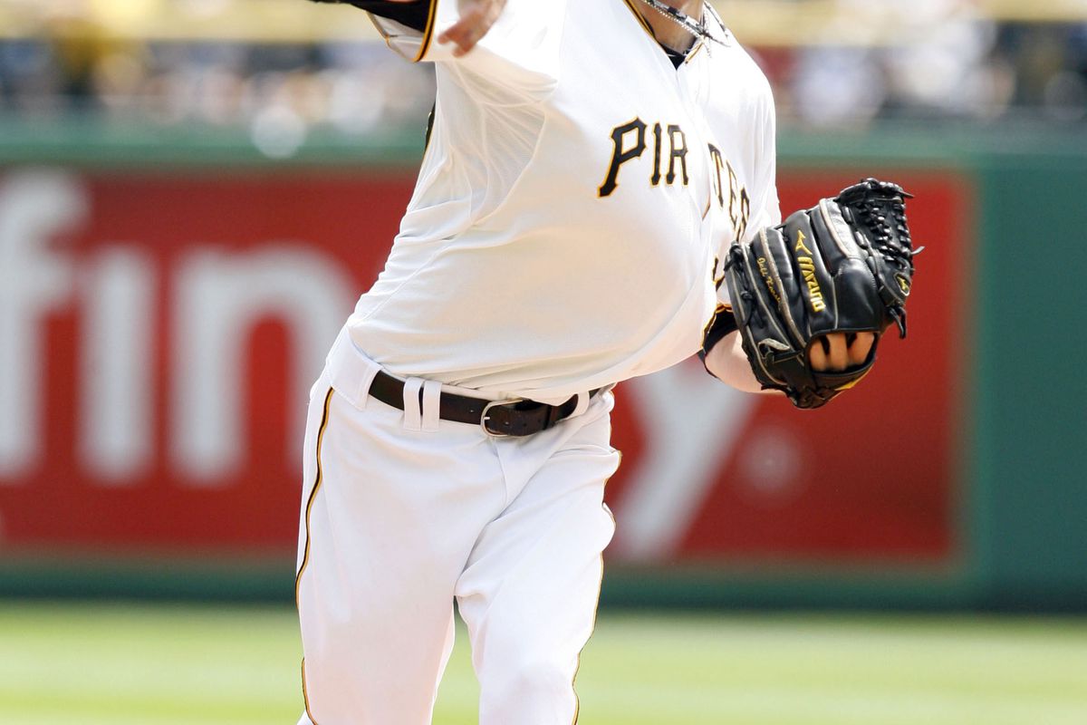 July 22, 2012; Pittsburgh, PA, USA; Pittsburgh Pirates starting pitcher Jeff Karstens (27) pitches against the Miami Marlins during the first inning at PNC Park. Mandatory Credit: Charles LeClaire-US PRESSWIRE