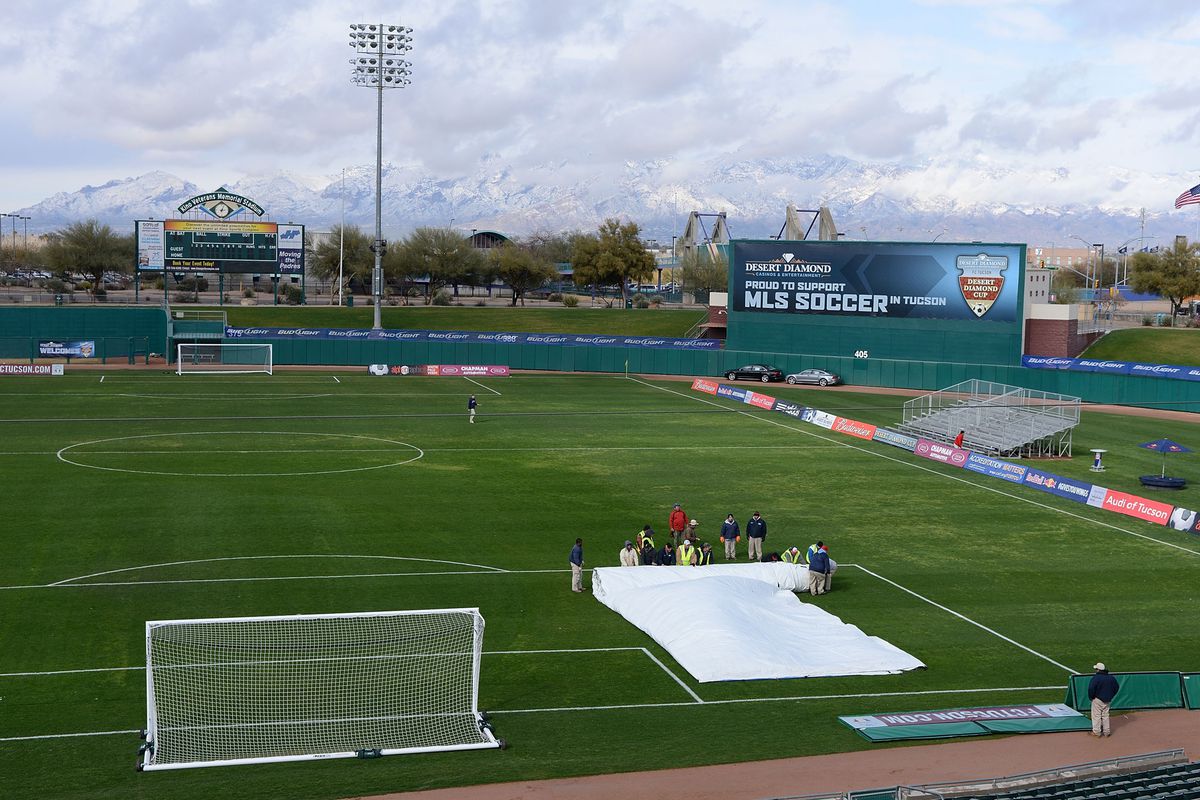 Crews prepare the field for Real Salt Lake's match Wednesday night against New England Revolution, in which Olmes Garcia played 20 minutes or so.