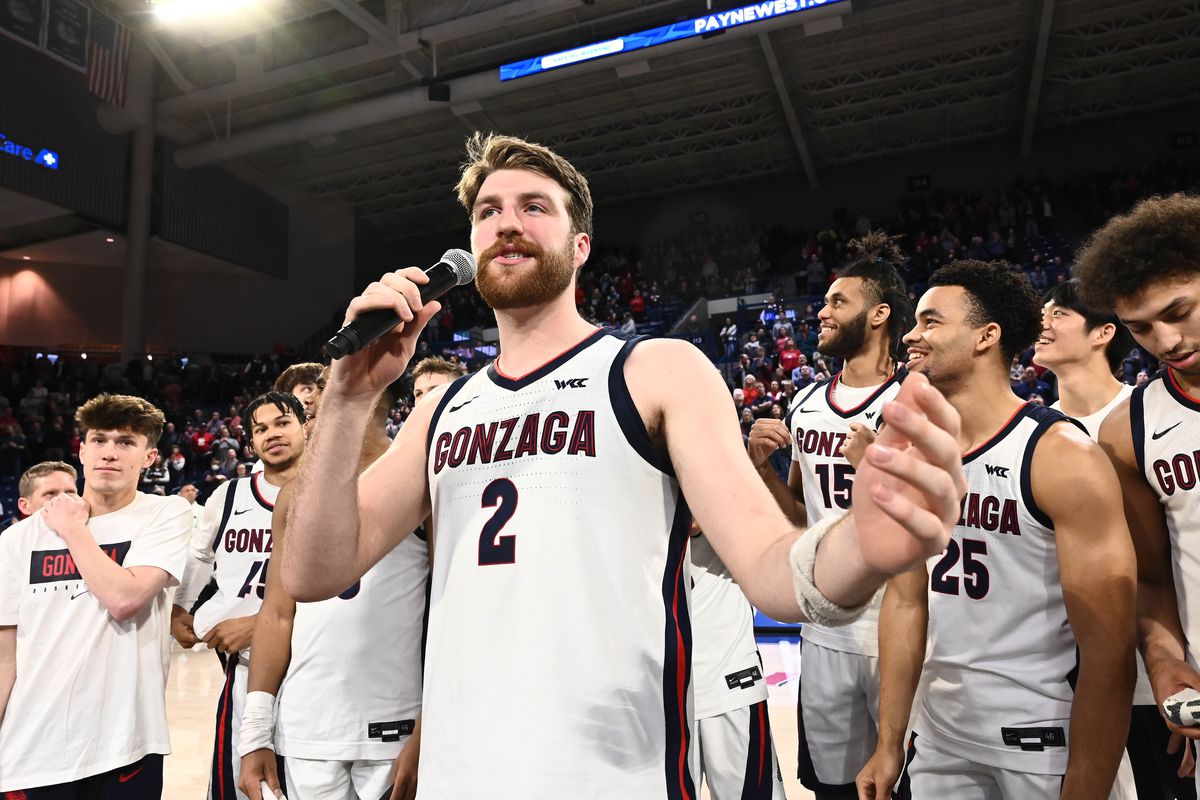 Gonzaga Bulldogs forward Drew Timme talks to the crowd after a game against the Chicago State Cougars at McCarthey Athletic Center. Gonzaga won 104-65.