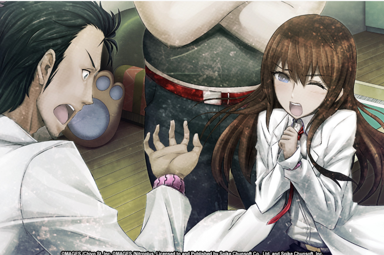 Screenshot from the visual novel Steins;Gate: My Darling’s Embrace featuring a young woman with long brown hair wincing as a man in a white shirt yells at a pink object wrapped around his wrist