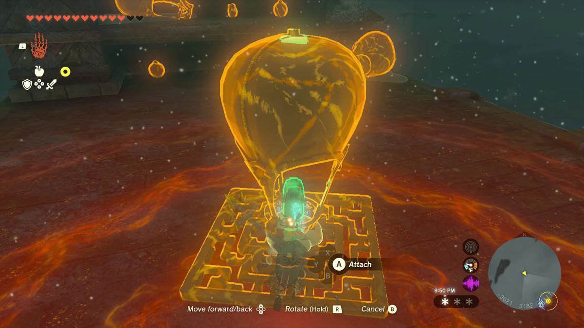 Link stands on a metal grate that is glowing gold. On it is mounted a balloon that Link is coonecting with Utrahand to make a homemade hot air balloon.