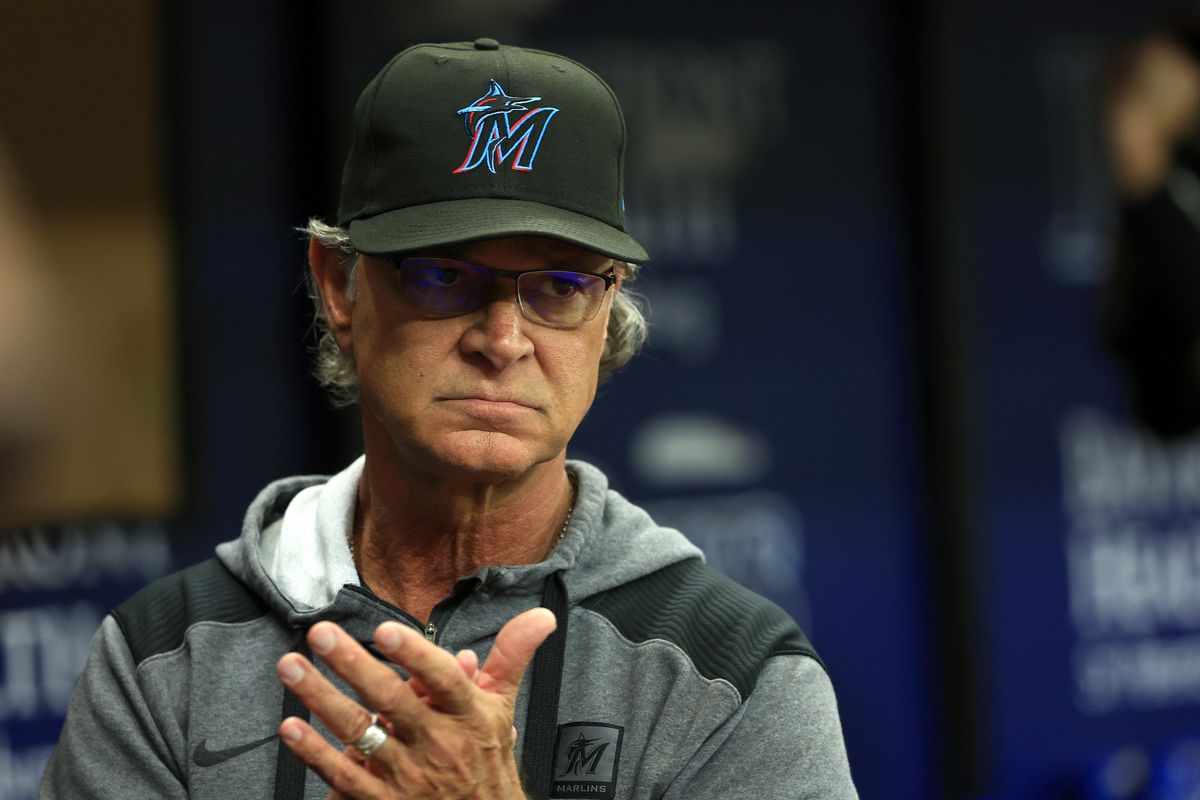 Manager Don Mattingly #8 of the Miami Marlins looks on during a game against the Tampa Bay Rays at Tropicana Field