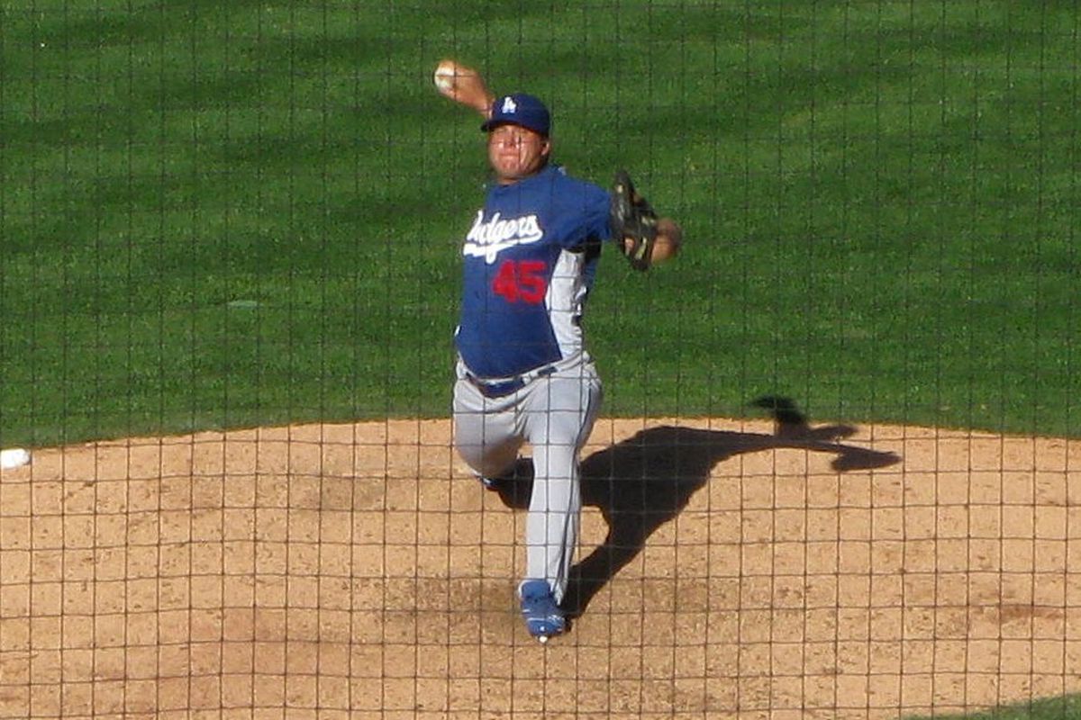 Dodgers pitching prospect Shawn Tolleson, seen here pitching in Tucson on March 23, one of five major league games he pitched during spring training.