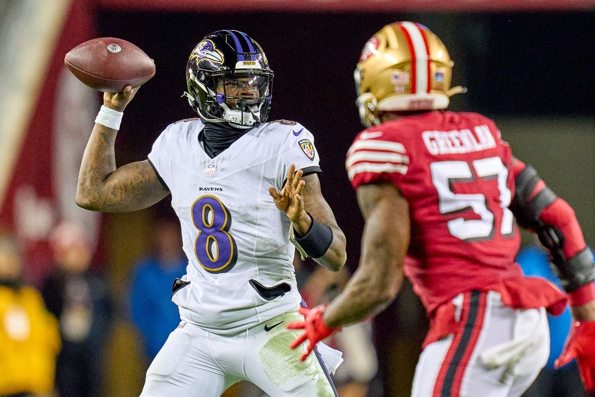 Lamar Jackson #8 of the Baltimore Ravens throws the football in action during a game between the San Francisco 49ers and the Baltimore Ravens at Levi’s Stadium on December 25, 2023 in Santa Clara, California.