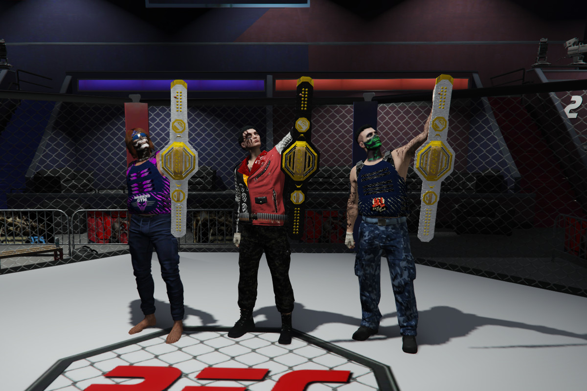 New Day RP - GTA Online roleplayers who participate in a fighting circuit pose with their hard-earned trophy belts.