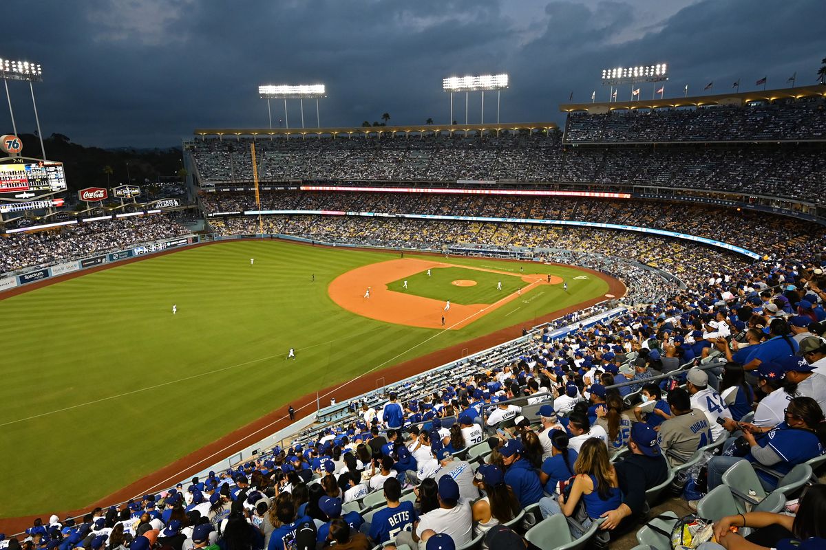 General view of Dodger Stadium during the game between the Los Angeles Dodgers and the Pittsburgh Pirates on August 18, 2021 in Los Angeles, California.