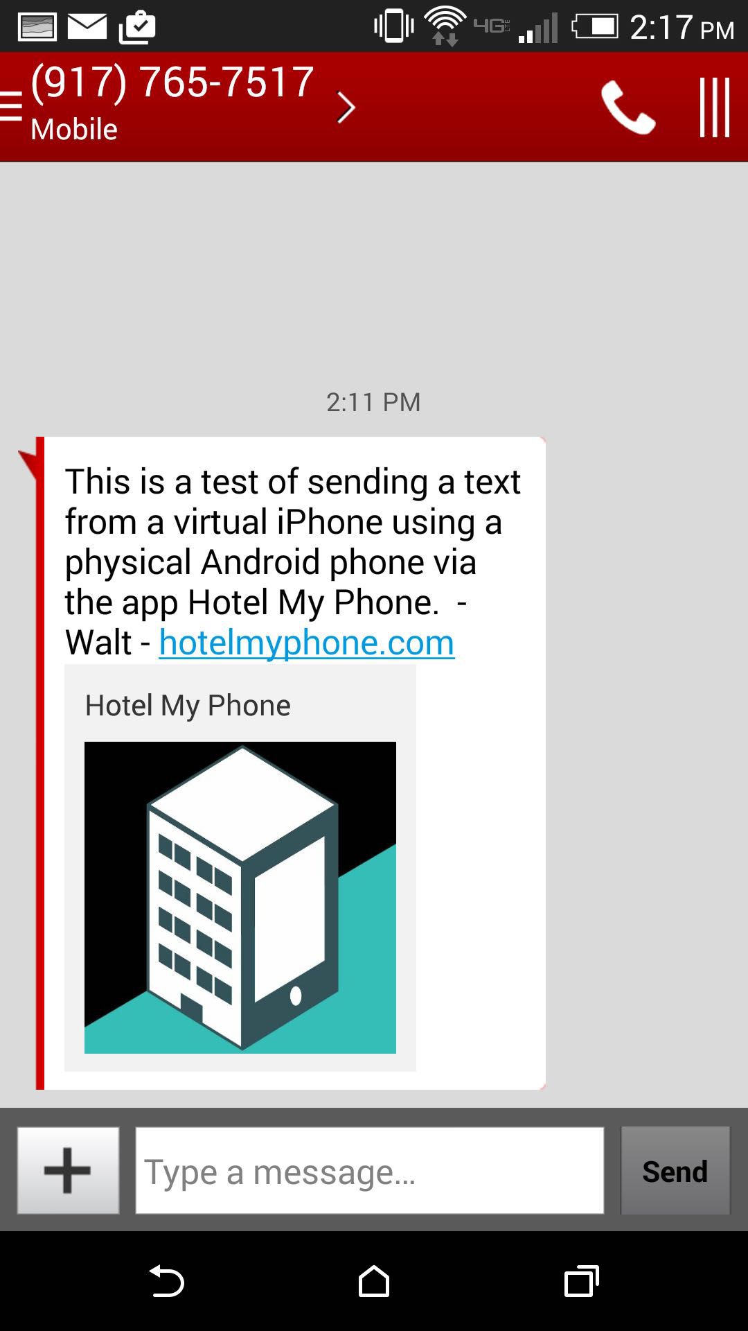 A text sent from a virtual iPhone inside a physical Android phone