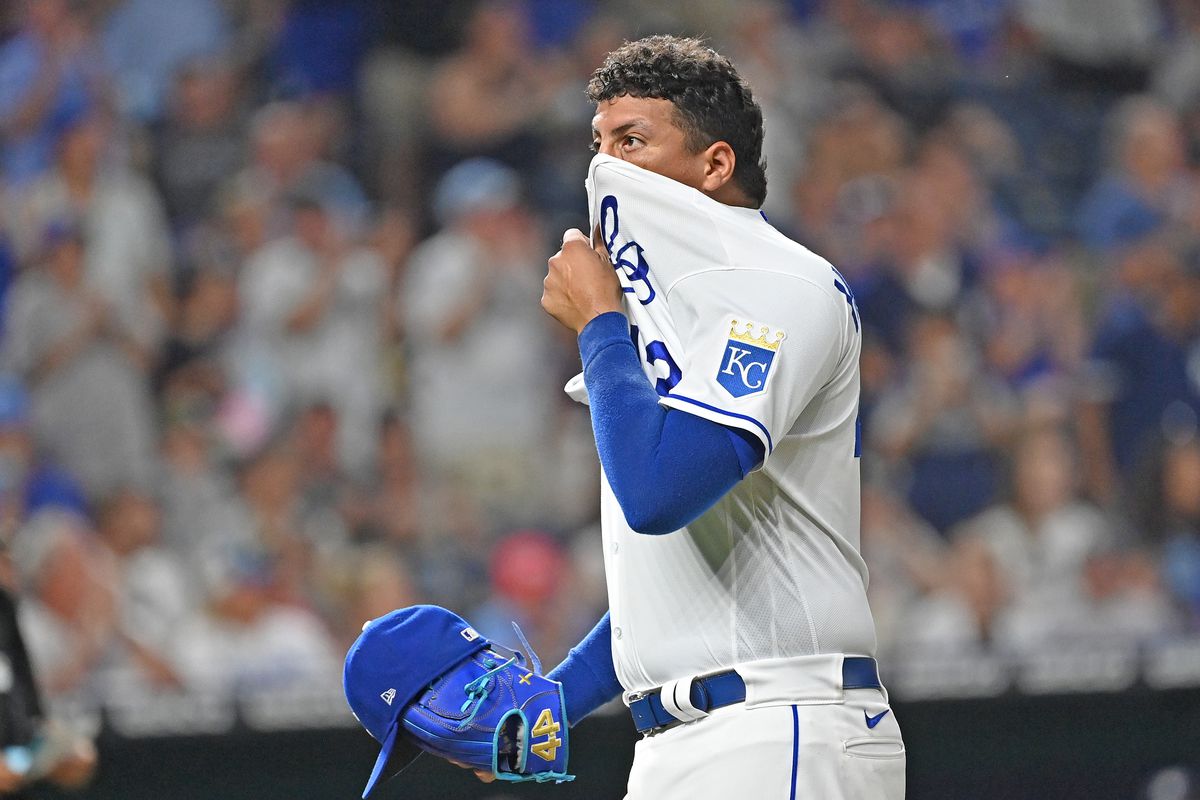 Kansas City Royals relief pitcher Carlos Hernandez (43) walks off the field after giving up a run against the New York Yankees during the seventh inning at Kauffman Stadium. Mandatory Credit: Peter Aiken