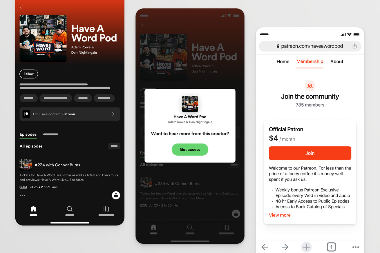 Patreon and Spotify integration screens including locked exclusive content in Spotify