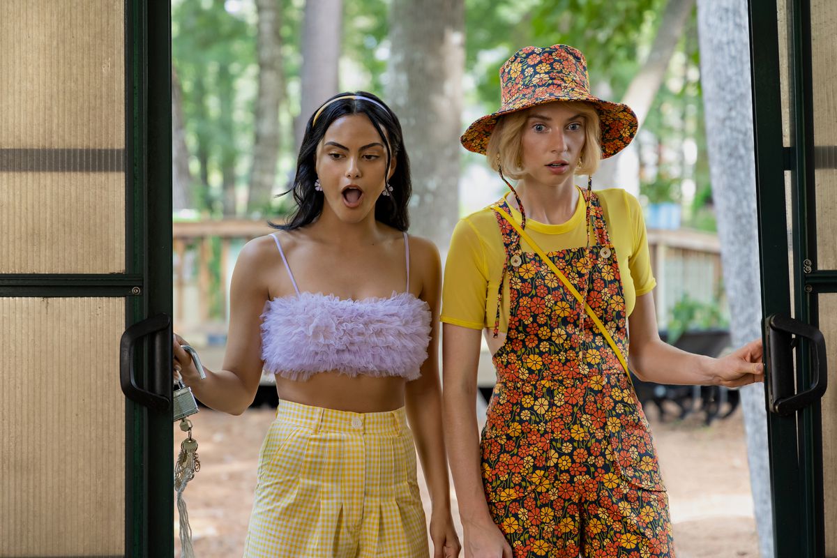 Camila Mendes as Drea and Maya Hawke as Eleanor in colorful outfits in Do Revenge