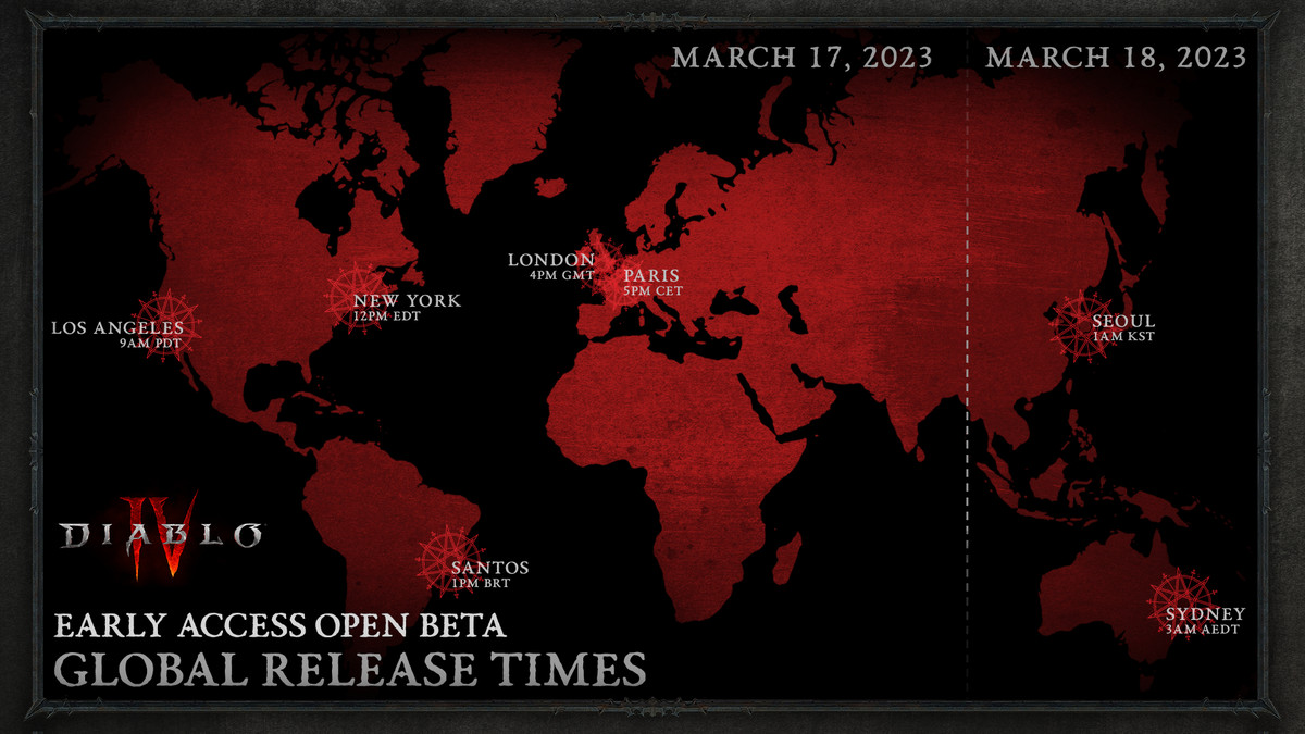 A world map with countries in red, where times are overlaid across regions to show when Diablo 4’s beta goes live.