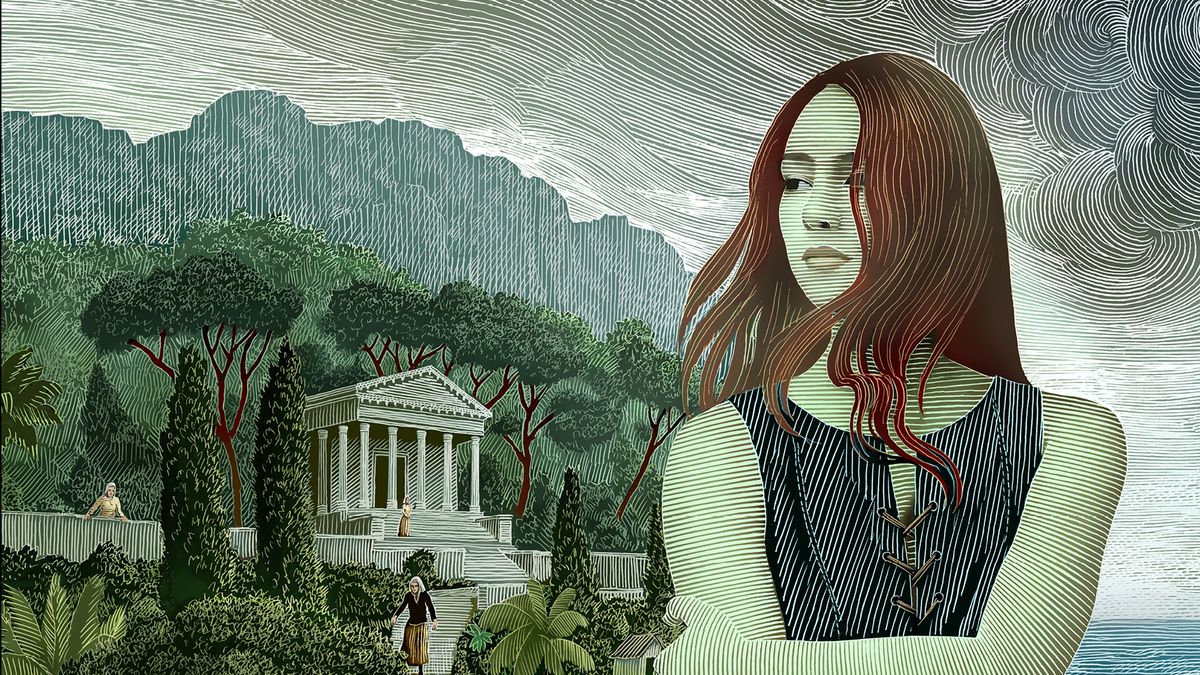 Detail from the cover of The Brides of Maracoor, with a green-skinned, brown-haired teenage girl standing by the sea