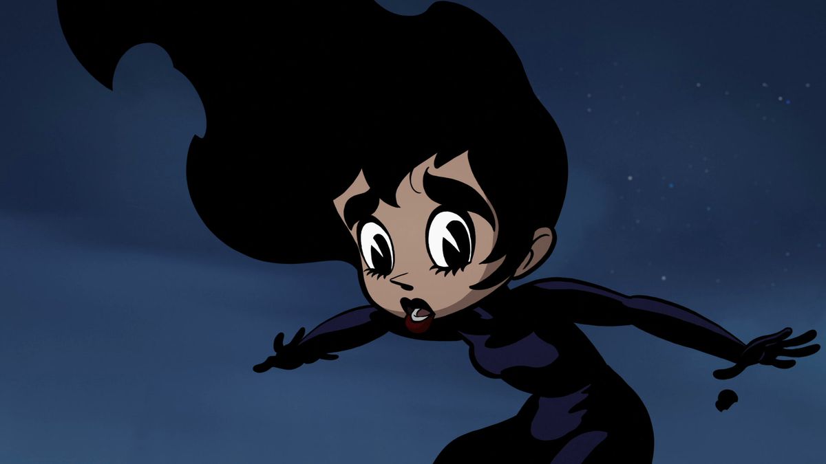 A woman with large eyes, dark flame-like hair, and a black and purple silhouette (Melinda/Emma) in Unicorn: Warriors Eternal.